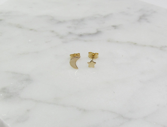 14K Solid Gold Moon & Star Studs | Mismatched Celestial Jewelry